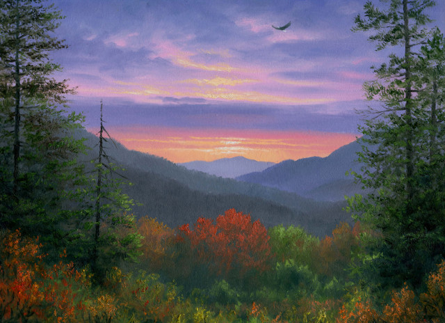 Sunset mountains bird flying trees free wallpaper - medium preview image