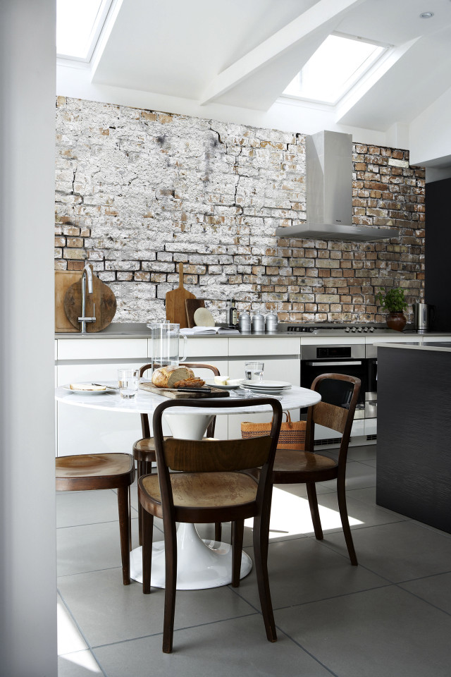 Kitchen table chairs brickwall sink free wallpaper - medium preview image
