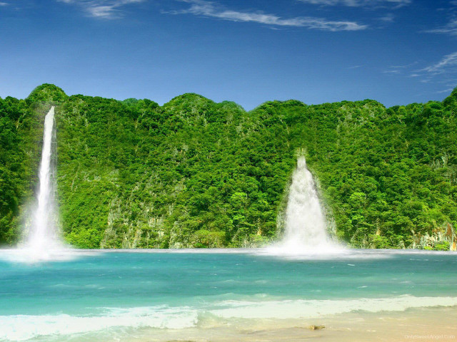 Waterfall beach forest mountain lake free wallpaper - medium preview image
