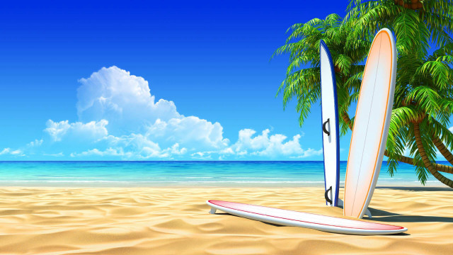 Surfboards sand palm tree ocean free wallpaper - medium preview image