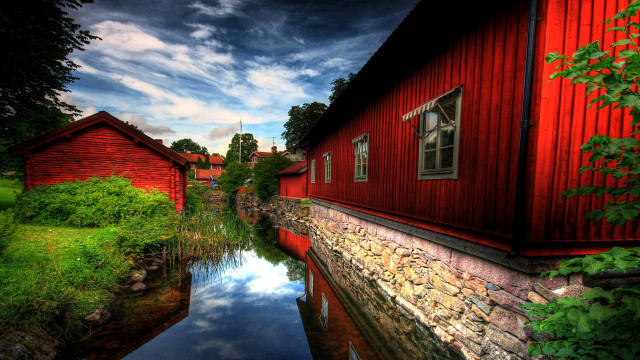 Red building river forest trees free wallpaper - medium preview image
