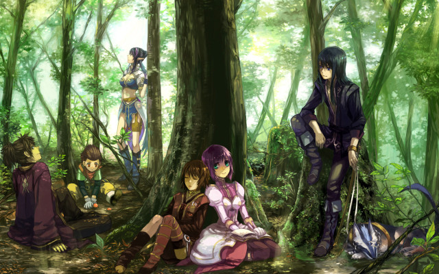 Group people sitting woods together free wallpaper - medium preview image