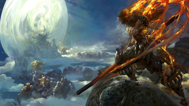 Man sword fireball night moon free wallpaper - medium preview image