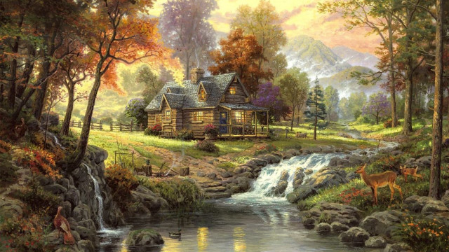 Cabin woods stream deer painting free wallpaper - medium preview image