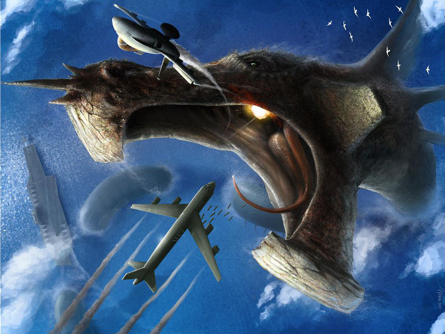 Dinosaur jet plane flying over free wallpaper - medium preview image