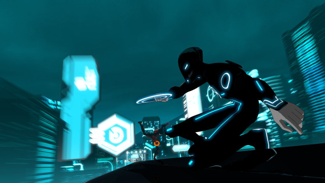 Futuristic man frisbee city night free wallpaper - medium preview image