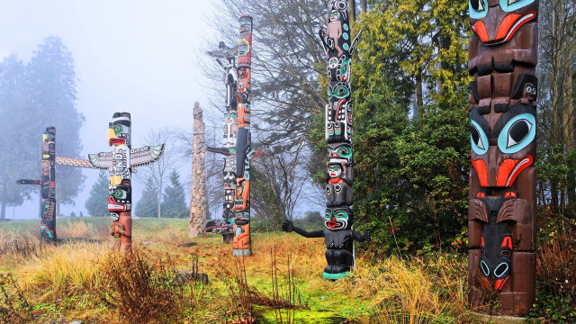 Totem poles field trees fog free wallpaper - medium preview image