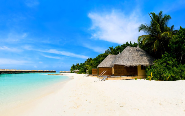 Beach hut blue sky water free wallpaper - medium preview image