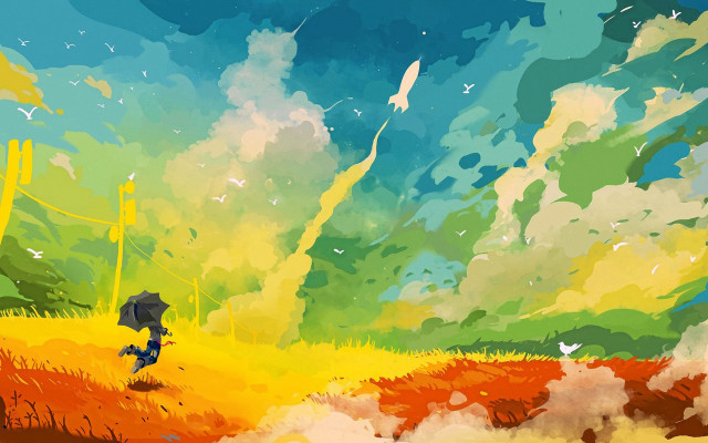 Umbrella girl field flower sky free wallpaper - medium preview image