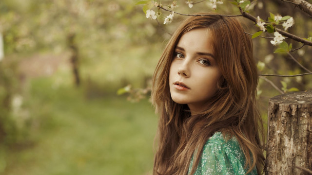 Woman tree flowers green shirt free wallpaper - medium preview image