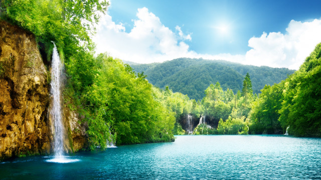 Waterfall lake forest mountains blue free wallpaper - medium preview image