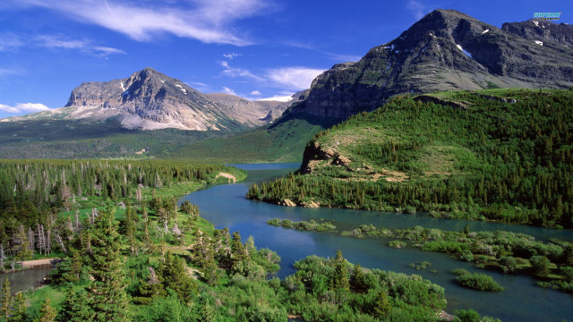 River forest hillside mountains clouds free wallpaper - medium preview image