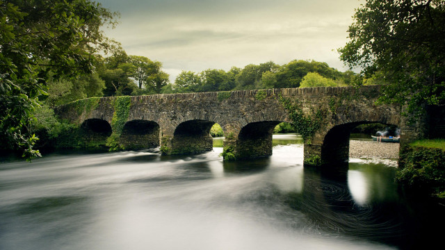 Stone bridge river man bench free wallpaper - medium preview image