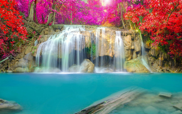 Waterfall blue pool trees flowers free wallpaper - medium preview image