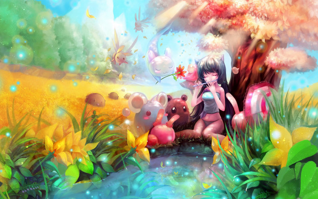 Girl tree teddy bears grass free wallpaper for desktop - medium preview image