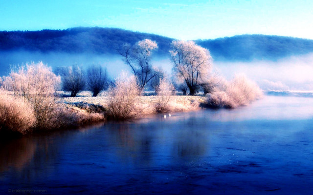 River trees fog hill background free wallpaper - medium preview image