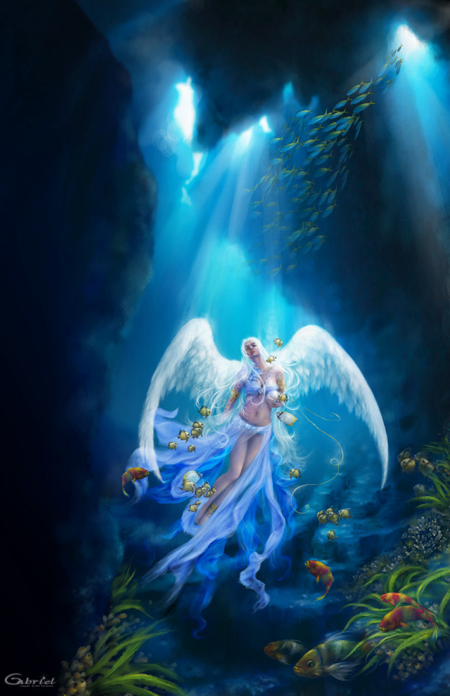 Woman wings water fish background free wallpaper for mobile - medium preview image