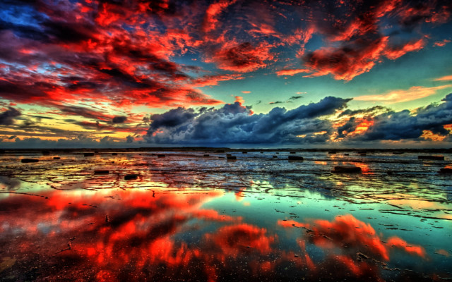 Colorful sunset clouds reflection rocks free wallpaper - medium preview image