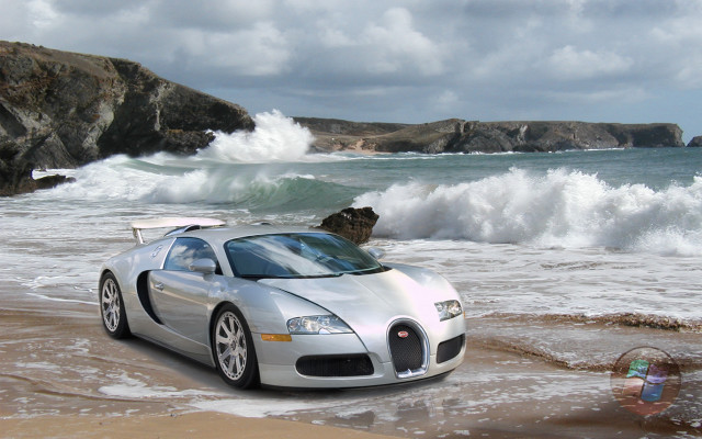 Silver car beach ocean rocks free wallpaper - medium preview image