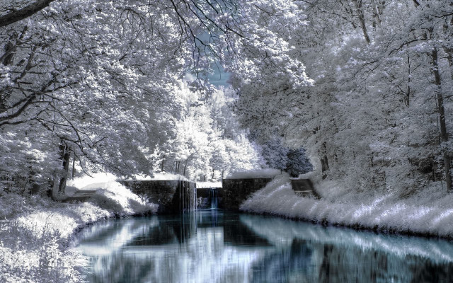 River forest snow bridge sky free wallpaper - medium preview image
