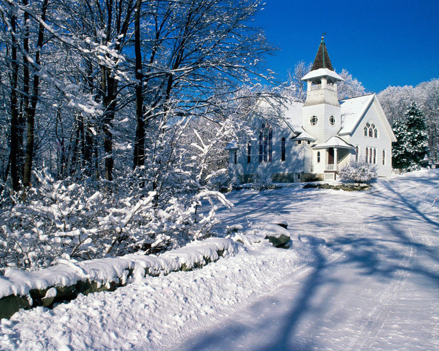 Church snowy forest path trees free wallpaper - medium preview image