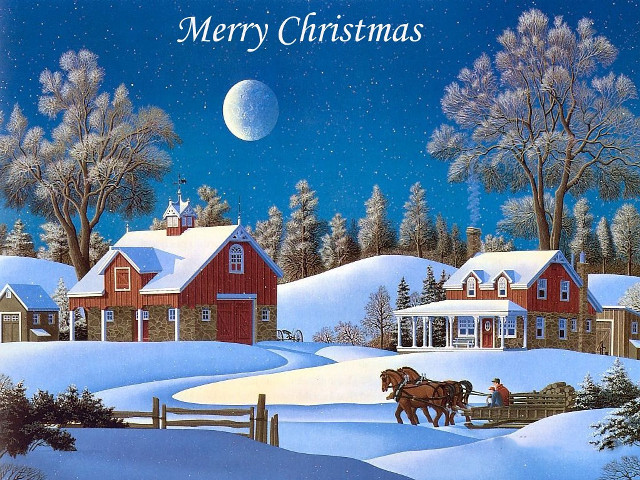 Snowy village horse drawn carriage free wallpaper - medium preview image