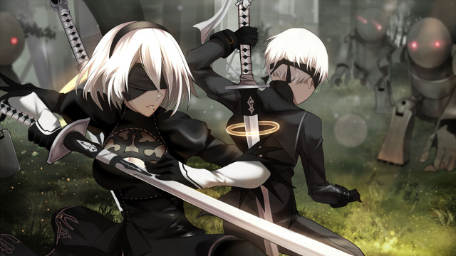 Anime characters swords forest red free wallpaper - medium preview image