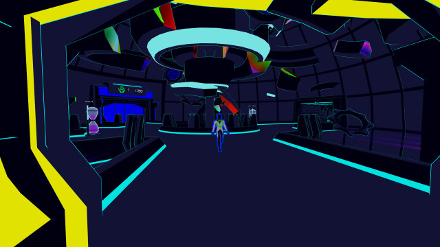 Person walking dark hallway neon free wallpaper - medium preview image