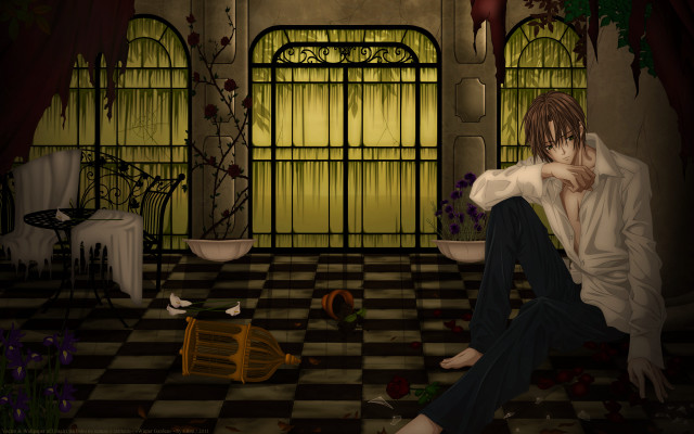 Man sitting checkered floor room free wallpaper - medium preview image