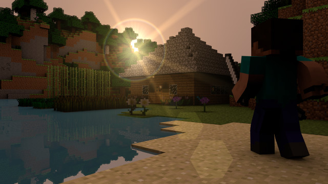 Man lake minecraft village sunset free wallpaper - medium preview image