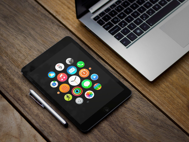 Tablet app icons laptop wooden free wallpaper - medium preview image