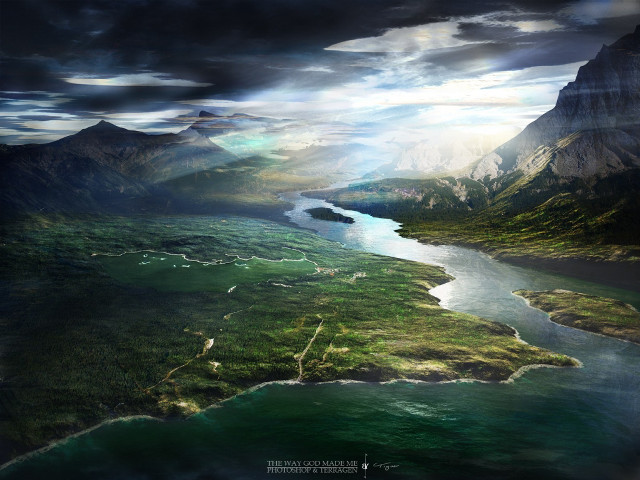 River flowing lush valley cloudy free wallpaper - medium preview image