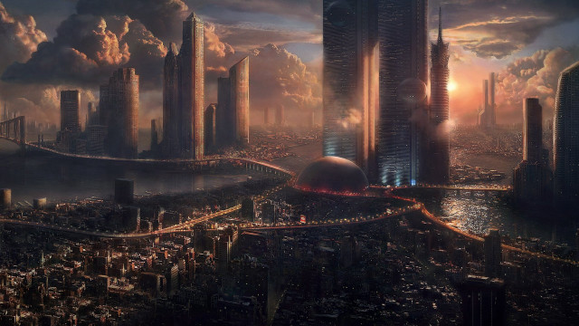 Futuristic city bridge river sunset free wallpaper - medium preview image