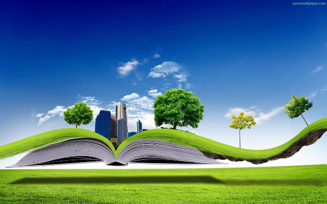 Open book trees buildings field free wallpaper - medium preview image