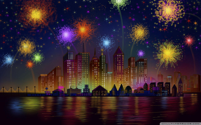 City skyline fireworks water reflection free wallpaper - medium preview image