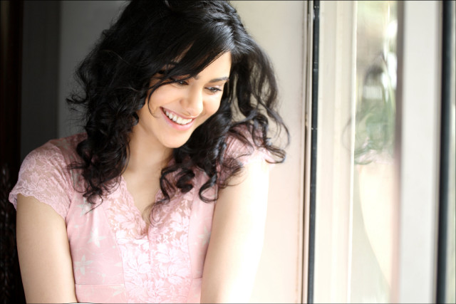 Woman pink dress smiling window free wallpaper - medium preview image