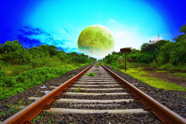 Train track green moon blue free wallpaper - medium preview image