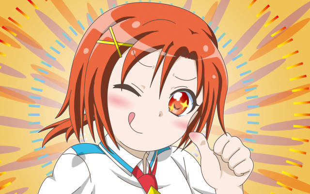 Red haired girl pointing yellow free wallpaper - medium preview image
