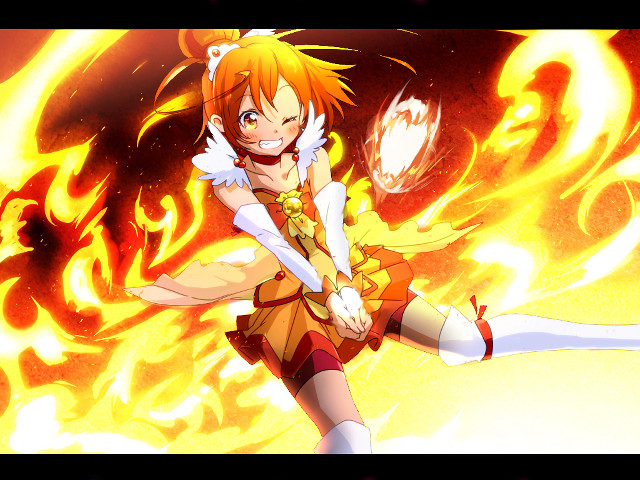 Woman costume fireball sword standing free wallpaper - medium preview image