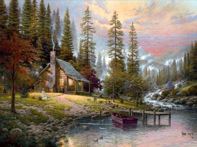 Cabin river boat ducks water free wallpaper - medium preview image