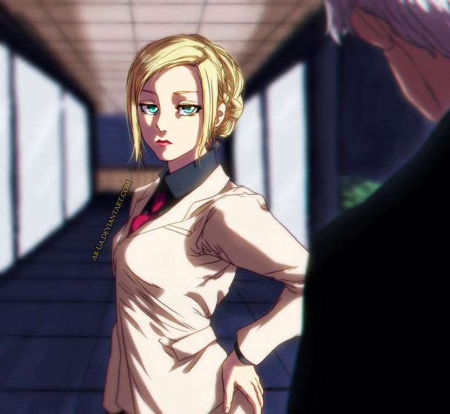 Woman white coat hallway hands free wallpaper - medium preview image