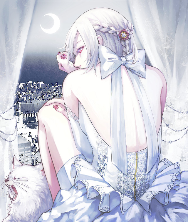 Woman white dress sitting bed #3 free wallpaper - medium preview image