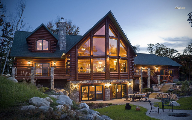 Log home patio fire pit free wallpaper - medium preview image