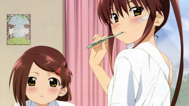 Girl brushing teeth pink curtain free wallpaper - medium preview image