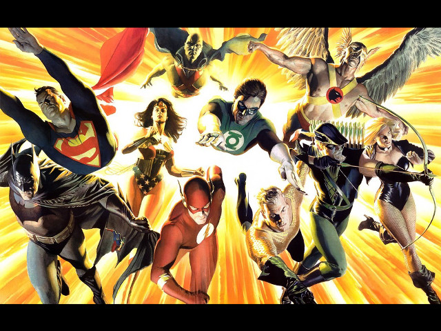 Superheroes flying graphic yellow white free wallpaper - medium preview image