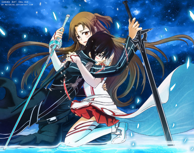 Anime couple swords water rain free wallpaper - medium preview image