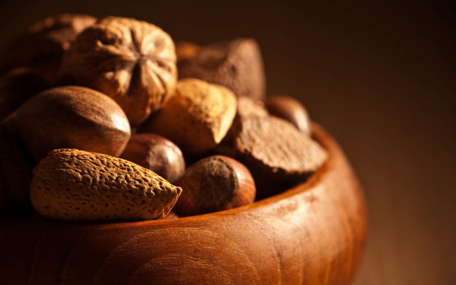 Wooden bowl filled with nuts free wallpaper - medium preview image