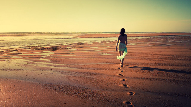 Woman walking beach surfboard footprints free wallpaper - medium preview image