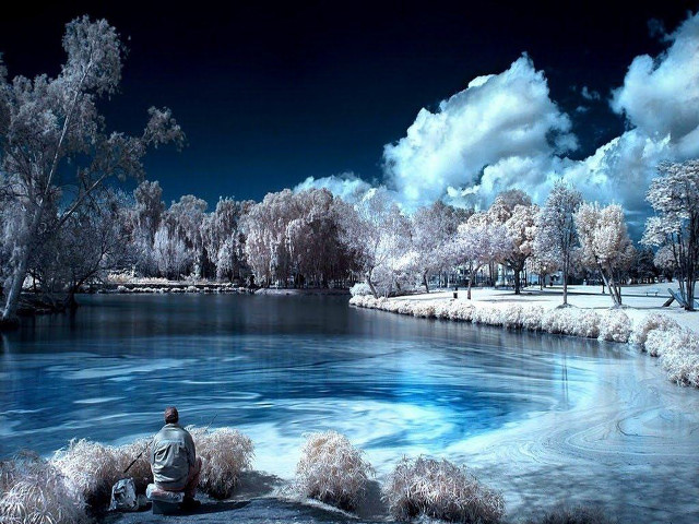 Man rock lake trees clouds free wallpaper - medium preview image