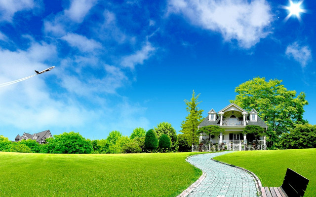 House bench grassy field pathway free wallpaper - medium preview image